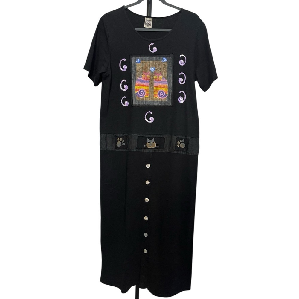VIVA CITY kitty cat dress black long maxi 100% cotton vintage relaxed small